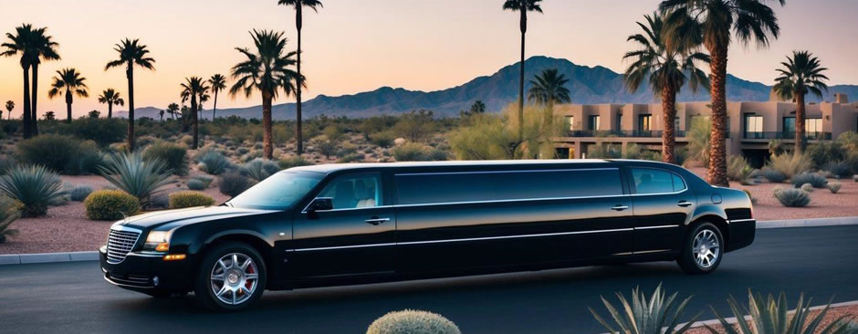 A sleek, black limousine pulls up to a luxurious resort in Paradise Valley, Arizona, surrounded by palm trees and a stunning desert landscape