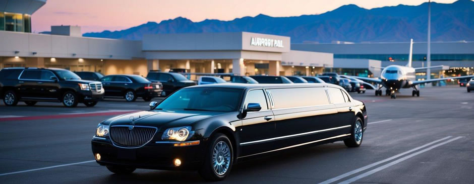 A sleek limousine pulls up to the airport terminal, ready to transport passengers to their destination in Paradise Valley, Arizona